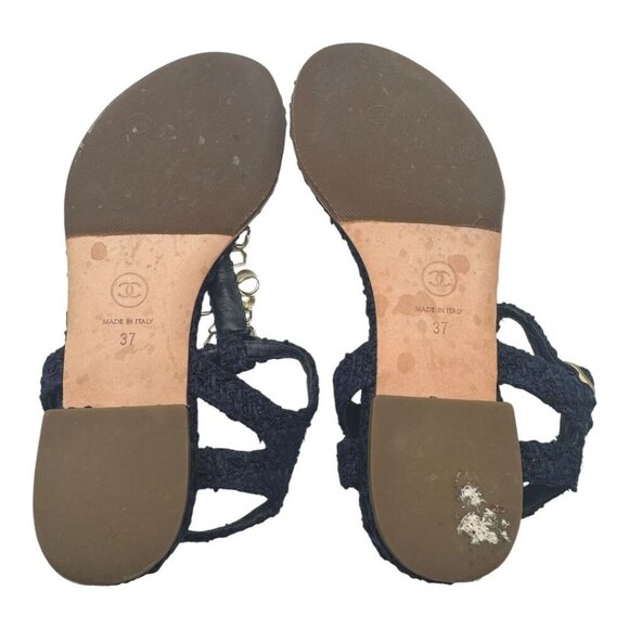 Chanel Sandals Women’s T-Strap Tweed Floral Camellia Navy Size 37 Karl Lagerfeld - Picture 7 of 7